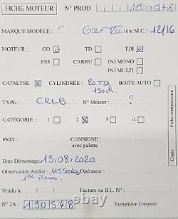 Moteur Volkswagen Golf VII 7 Audi A3 2.0Tdi 150ch type CRLB 115 500 kms